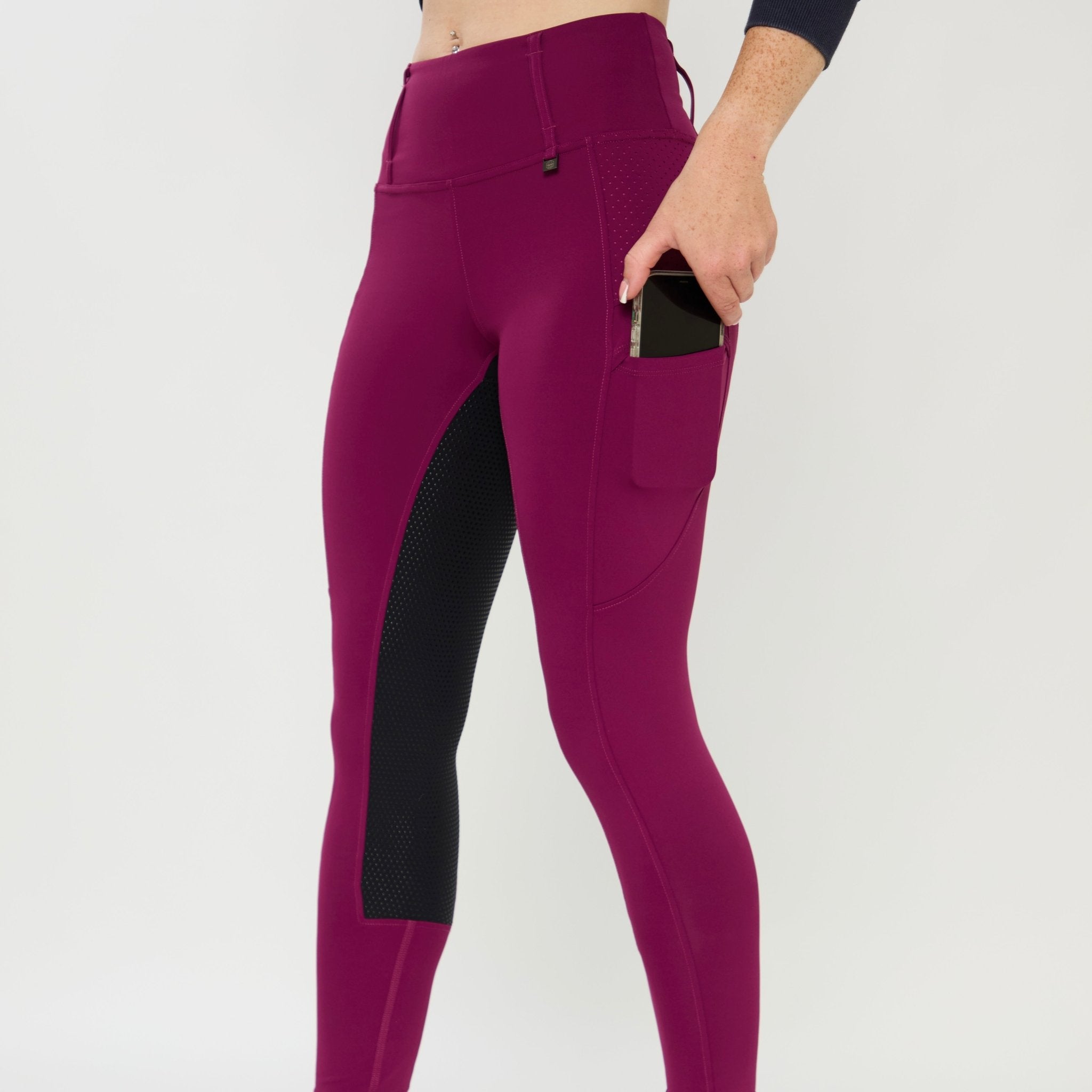 HORZEHOODS® Mulberry & Black Seat V - Seam Air2 Riding Leggings - Breathable Equestrian Tights - Horzehoods5056725016357