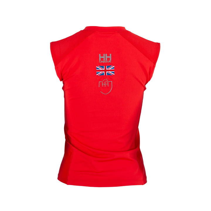 Back view of horse riding sleeveless base layer showing multi logos in embroidery including British flag