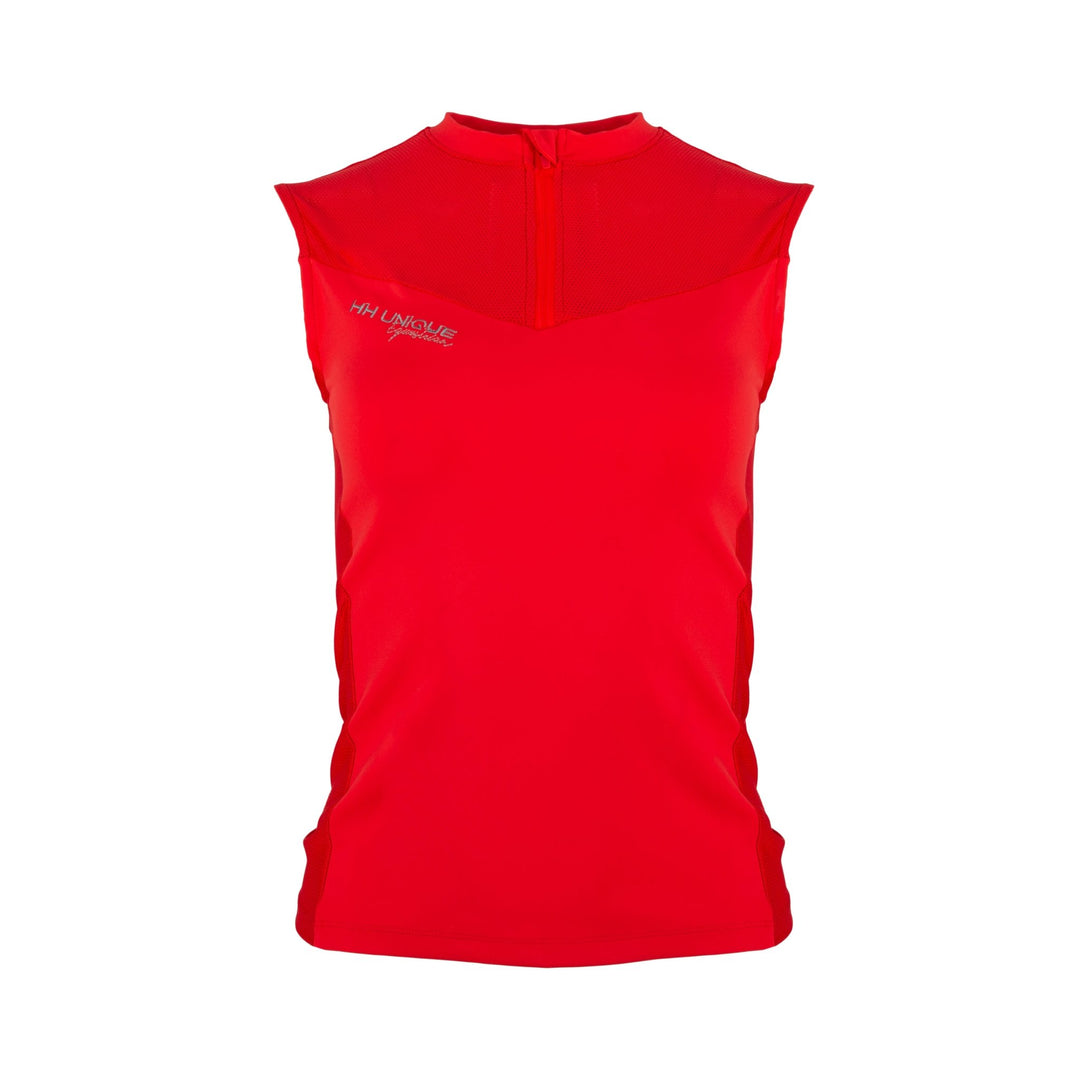 Front view: bright red mesh breathable horse riding base layer sleeveless with subtle grey embroidery features 