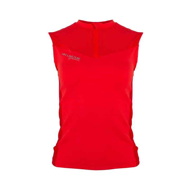 Front view: bright red mesh breathable horse riding base layer sleeveless with subtle grey embroidery features 