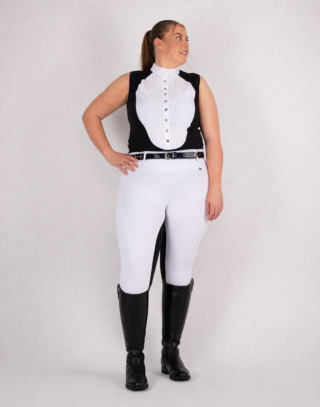 HORZEHOODS® Sleeveless Classic Neck Tudor Competition Shirt – Black/White Contrast - Horzehoods5056725018849