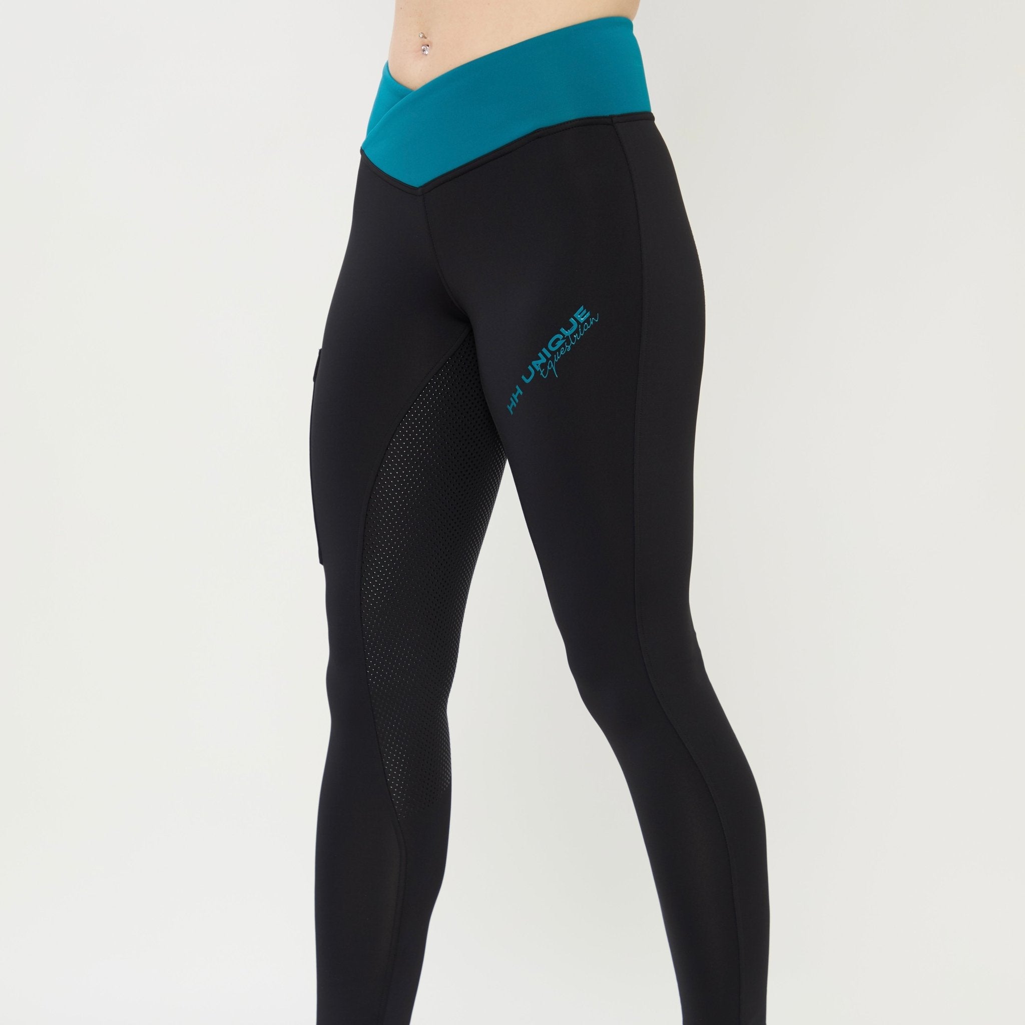 HORZEHOODS® V - Twist Black & Teal Comfort Waist Leggings (Pre - Order 6/10) - Horzehoods5056725023522