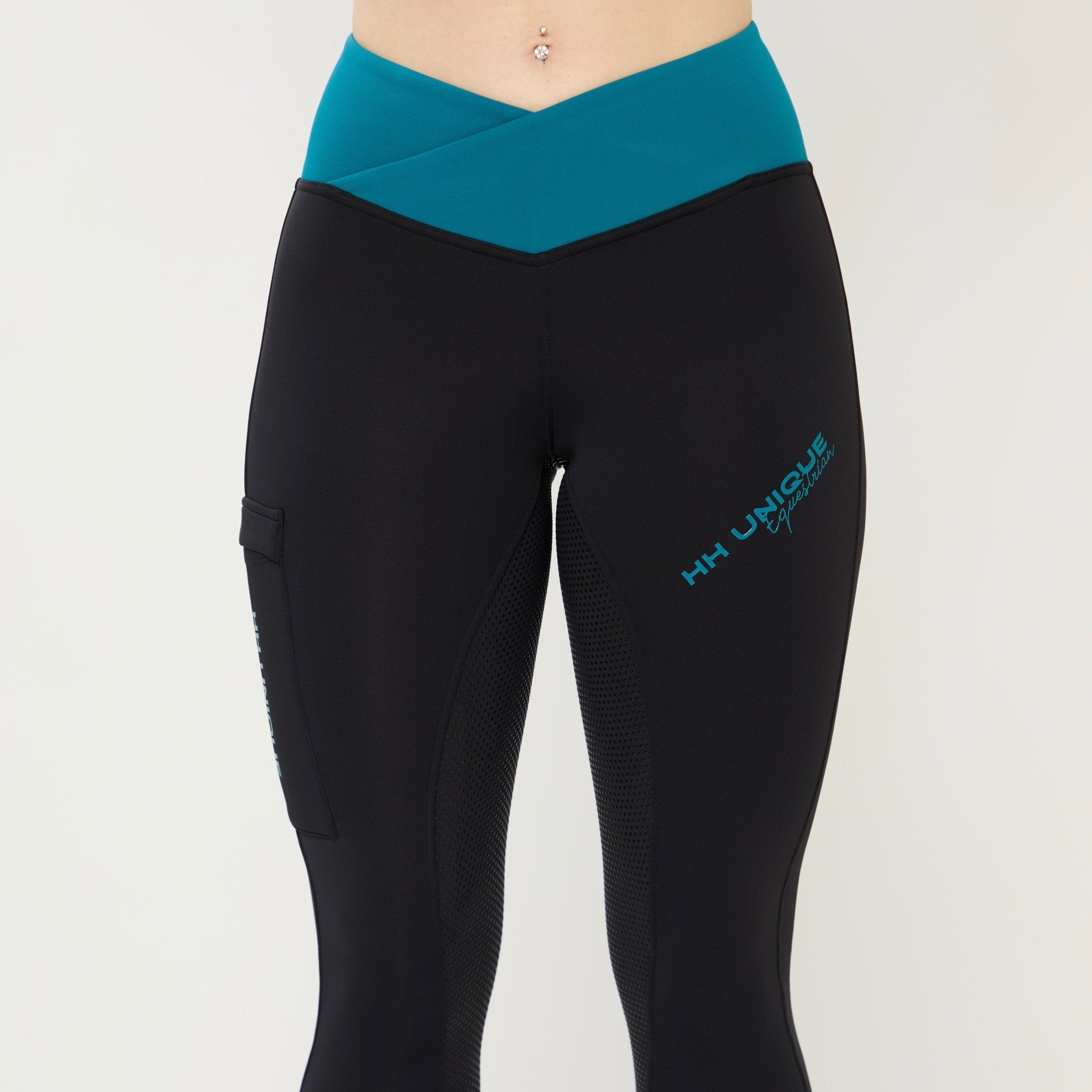 HORZEHOODS® V - Twist Black & Teal Comfort Waist Leggings (Pre - Order 6/10) - Horzehoods5056725023522