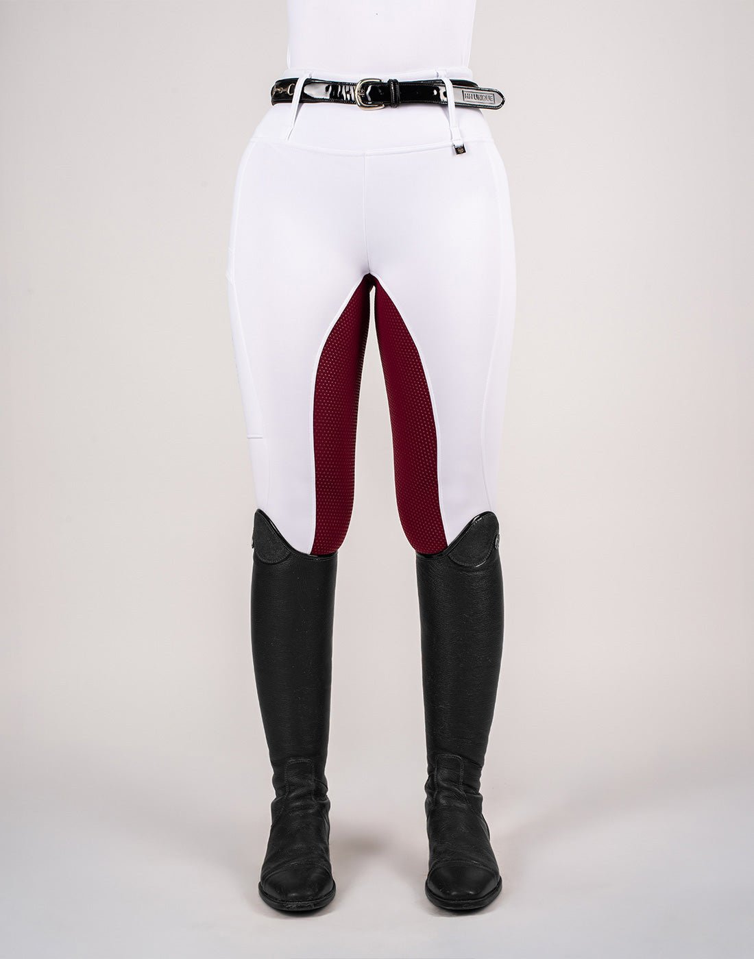 HORZEHOODS® White & Burgundy Competition Leggings | Riding Tights - Horzehoods5056725026165