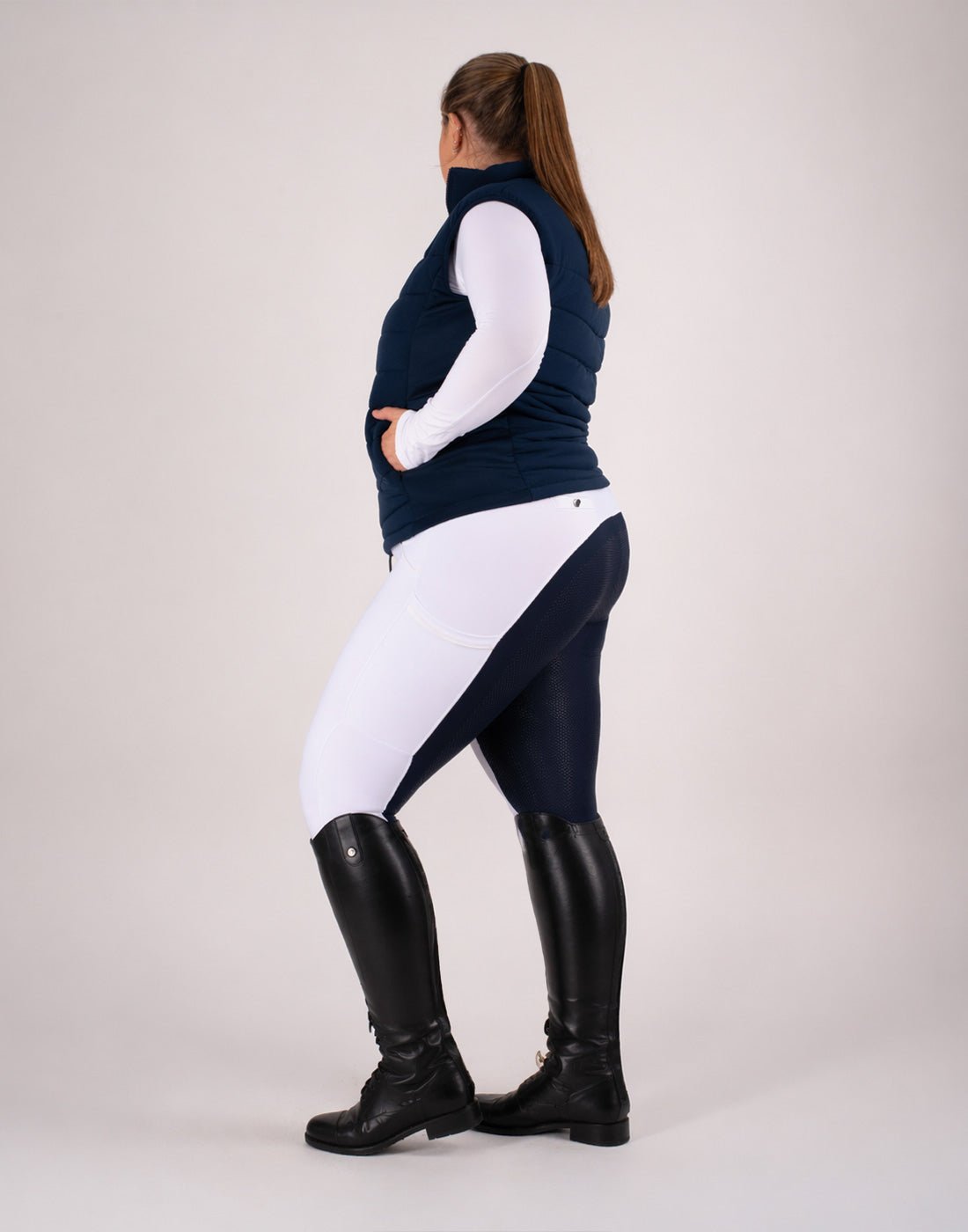 HORZEHOODS® White & Navy Competition Tabatha Tech Breggings - Horzehoods5056725027247