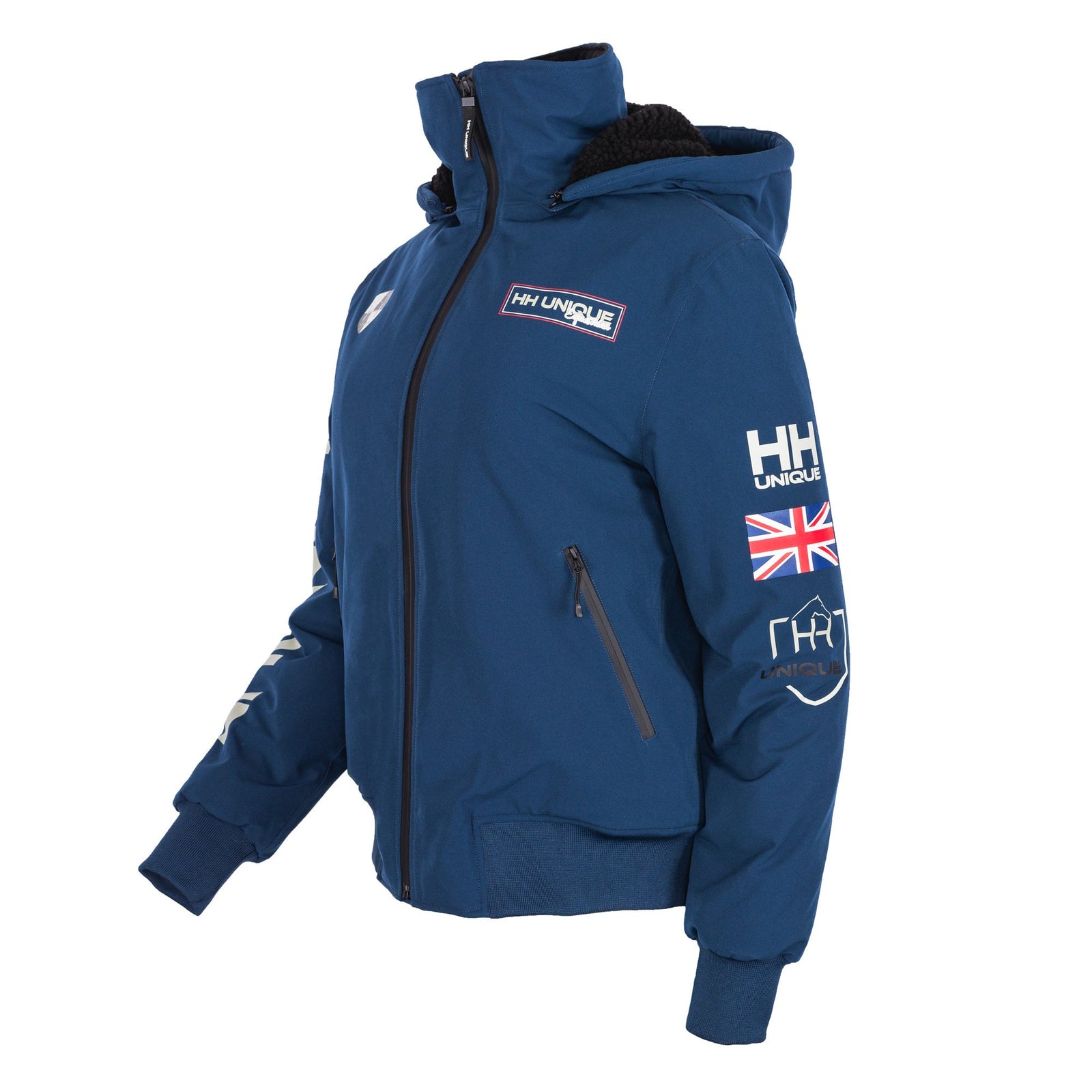 Side view of horzehoods navy storm x riding coat showing British flag print along the left arm 