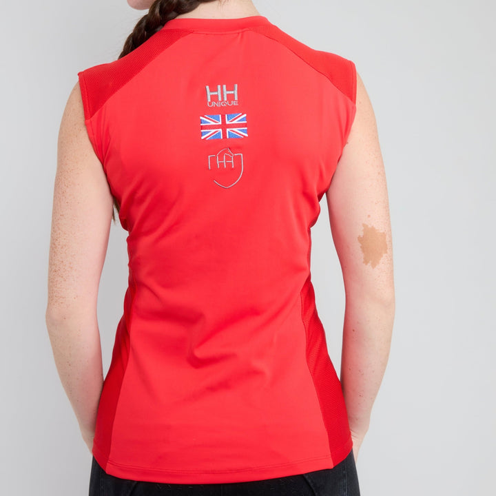 Horse riding back view showing a sleeveless red base layer by horzehoods 