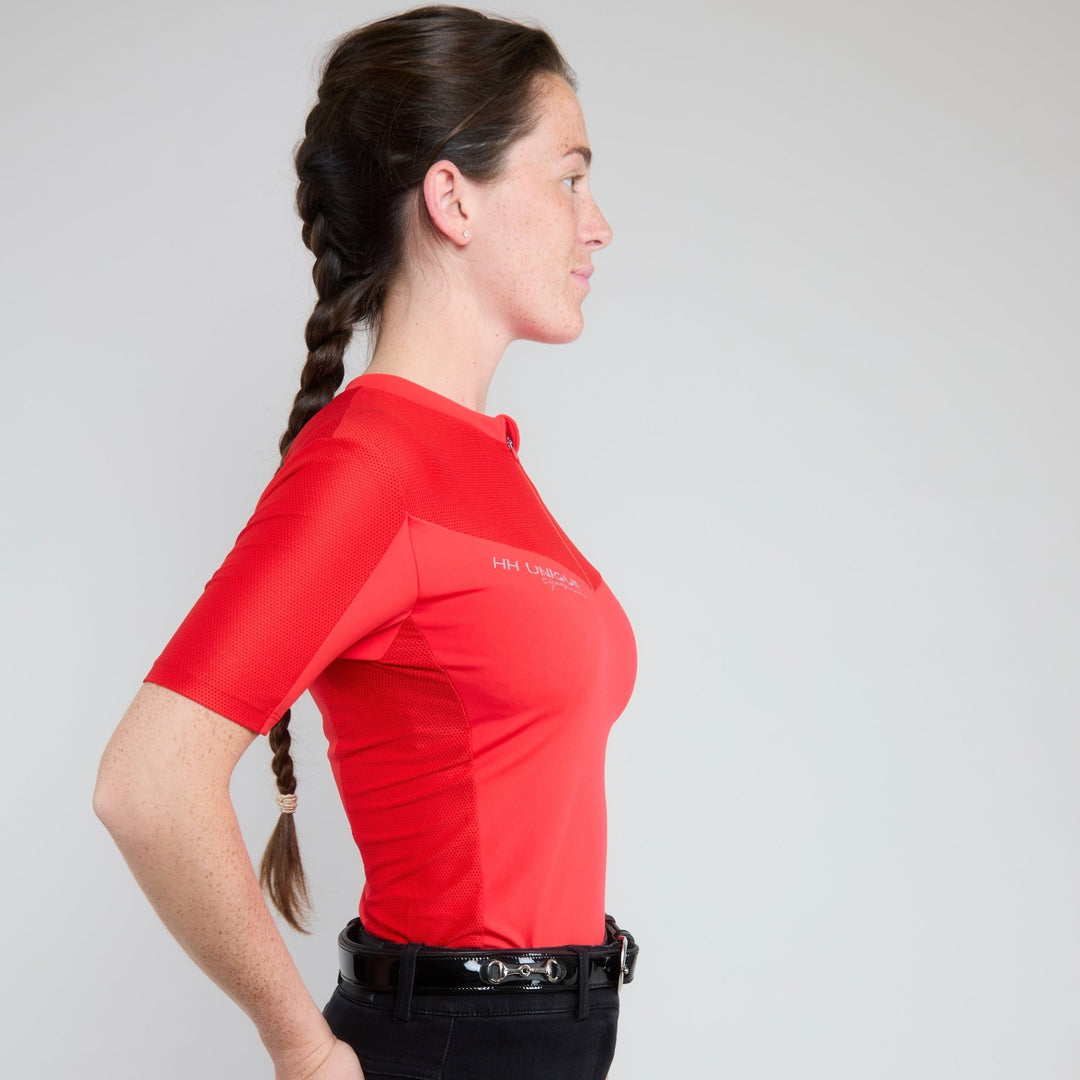 Side view Red Performance Air2 Short Sleeve Base Layer on rider 