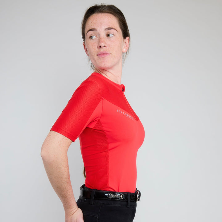 Side view paired with belt as jeans equestrian Red Performance Air2 Short Sleeve Base Layer